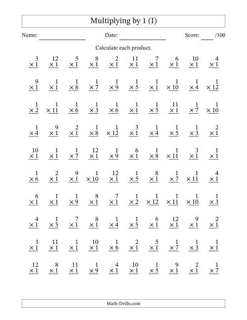 The Multiplying (1 to 12) by 1 (100 Questions) (I) Math Worksheet