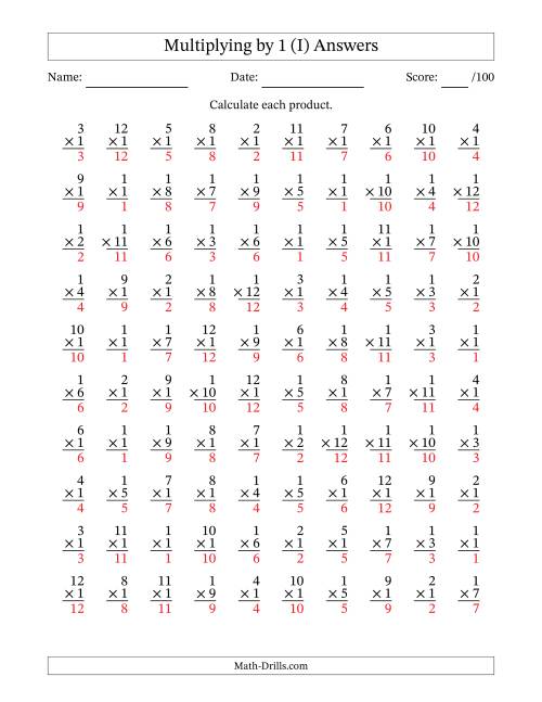 The Multiplying (1 to 12) by 1 (100 Questions) (I) Math Worksheet Page 2