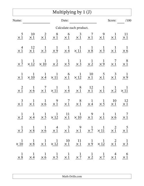 The Multiplying (1 to 12) by 1 (100 Questions) (J) Math Worksheet