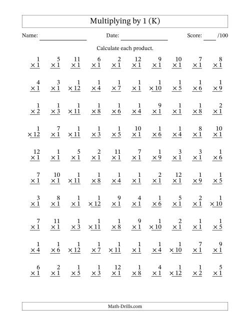 The Multiplying (1 to 12) by 1 (100 Questions) (K) Math Worksheet