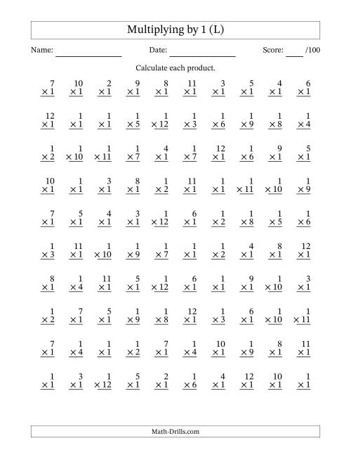 The Multiplying (1 to 12) by 1 (100 Questions) (L) Math Worksheet