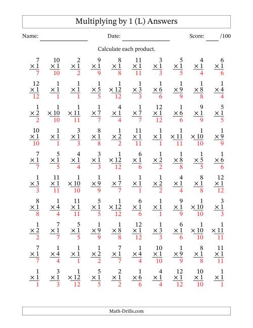 The Multiplying (1 to 12) by 1 (100 Questions) (L) Math Worksheet Page 2