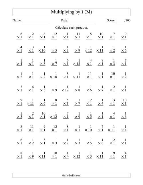The Multiplying (1 to 12) by 1 (100 Questions) (M) Math Worksheet