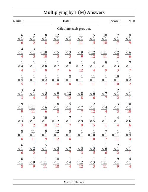 The Multiplying (1 to 12) by 1 (100 Questions) (M) Math Worksheet Page 2