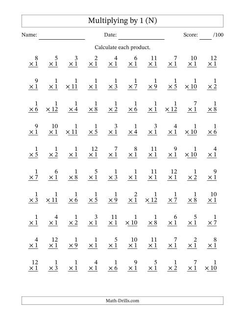 The Multiplying (1 to 12) by 1 (100 Questions) (N) Math Worksheet