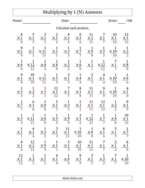 The Multiplying (1 to 12) by 1 (100 Questions) (N) Math Worksheet Page 2