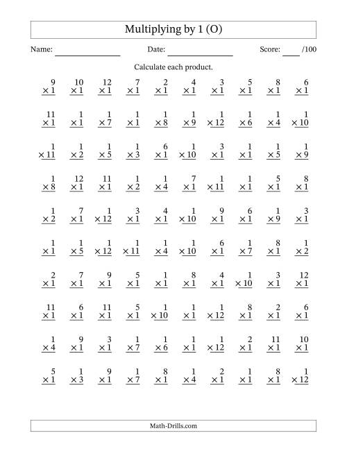 The Multiplying (1 to 12) by 1 (100 Questions) (O) Math Worksheet