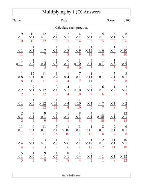 The Multiplying (1 to 12) by 1 (100 Questions) (O) Math Worksheet Page 2