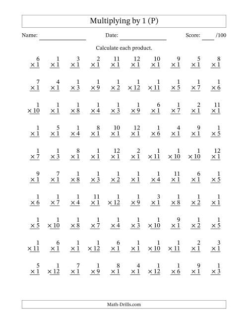 The Multiplying (1 to 12) by 1 (100 Questions) (P) Math Worksheet