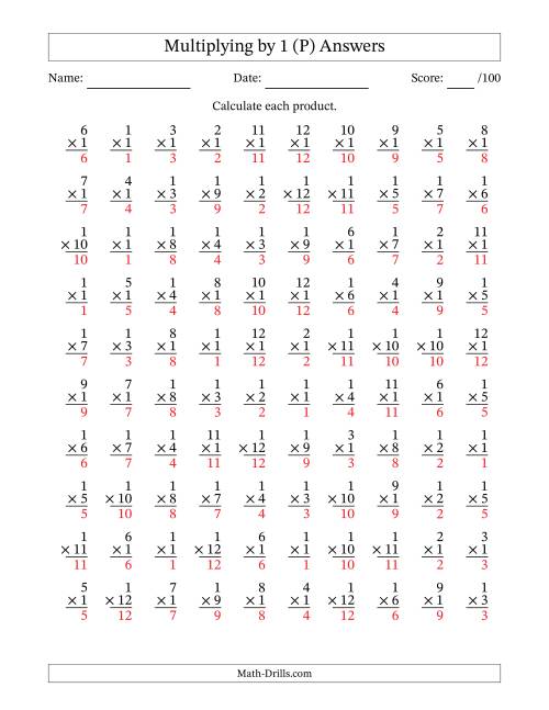 The Multiplying (1 to 12) by 1 (100 Questions) (P) Math Worksheet Page 2