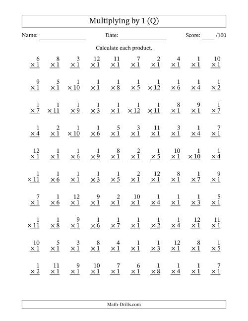 The Multiplying (1 to 12) by 1 (100 Questions) (Q) Math Worksheet