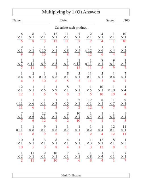 The Multiplying (1 to 12) by 1 (100 Questions) (Q) Math Worksheet Page 2