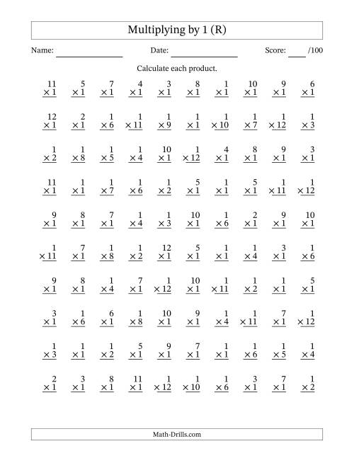 The Multiplying (1 to 12) by 1 (100 Questions) (R) Math Worksheet