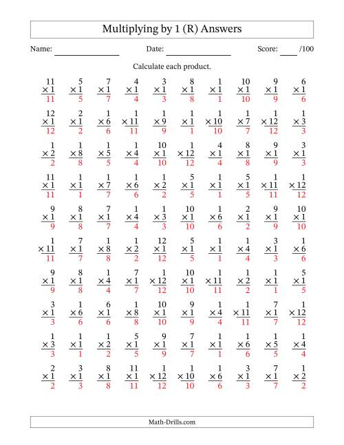 The Multiplying (1 to 12) by 1 (100 Questions) (R) Math Worksheet Page 2