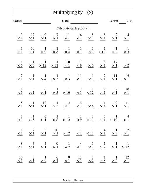 The Multiplying (1 to 12) by 1 (100 Questions) (S) Math Worksheet