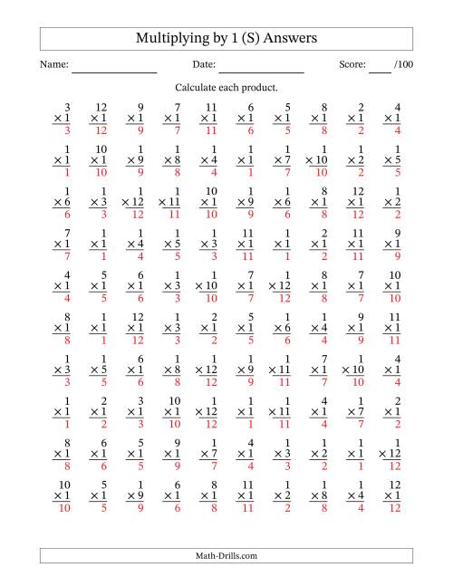 The Multiplying (1 to 12) by 1 (100 Questions) (S) Math Worksheet Page 2