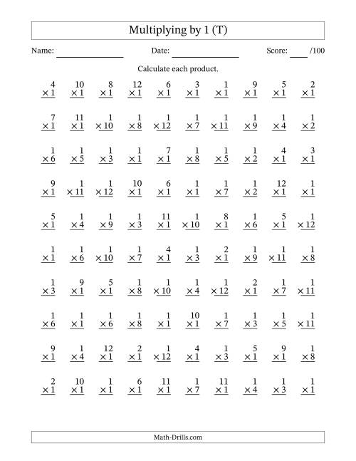 The Multiplying (1 to 12) by 1 (100 Questions) (T) Math Worksheet