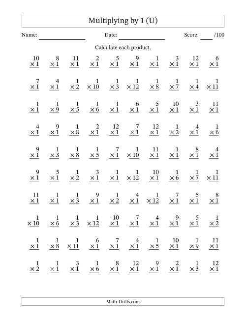 The Multiplying (1 to 12) by 1 (100 Questions) (U) Math Worksheet
