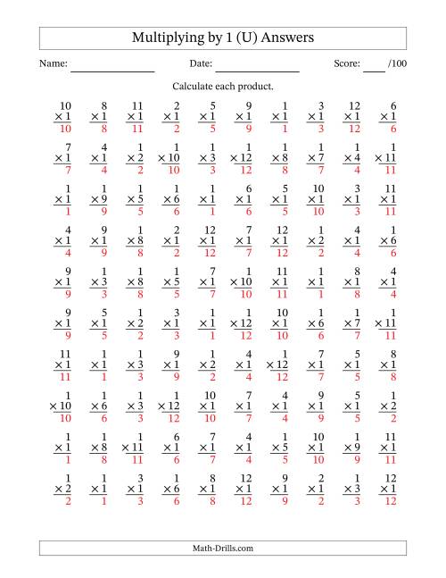 The Multiplying (1 to 12) by 1 (100 Questions) (U) Math Worksheet Page 2