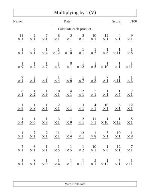 The Multiplying (1 to 12) by 1 (100 Questions) (V) Math Worksheet