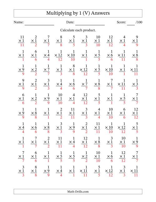 The Multiplying (1 to 12) by 1 (100 Questions) (V) Math Worksheet Page 2