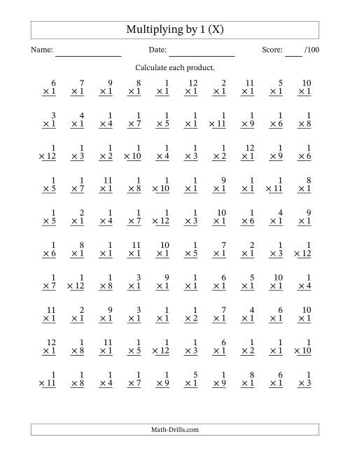The Multiplying (1 to 12) by 1 (100 Questions) (X) Math Worksheet