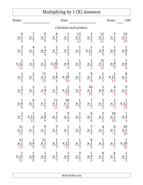 The Multiplying (1 to 12) by 1 (100 Questions) (X) Math Worksheet Page 2