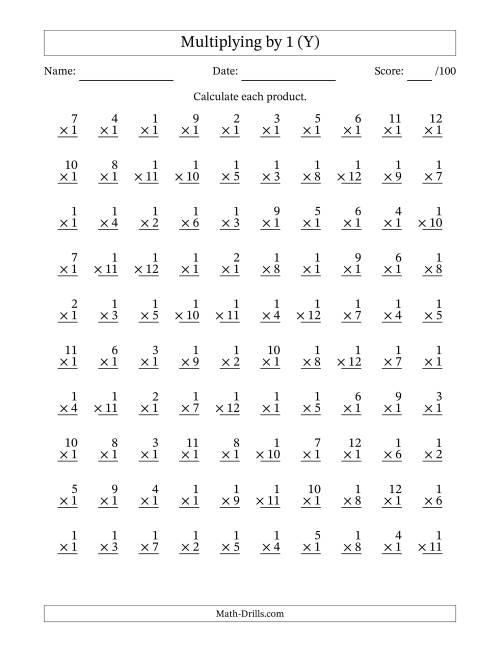 The Multiplying (1 to 12) by 1 (100 Questions) (Y) Math Worksheet