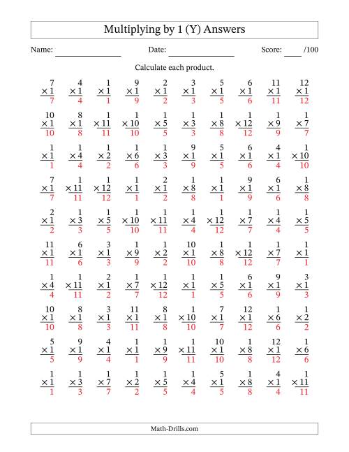 The Multiplying (1 to 12) by 1 (100 Questions) (Y) Math Worksheet Page 2