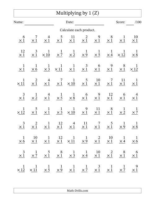 The Multiplying (1 to 12) by 1 (100 Questions) (Z) Math Worksheet