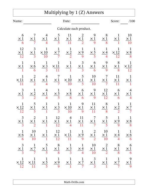 The Multiplying (1 to 12) by 1 (100 Questions) (Z) Math Worksheet Page 2