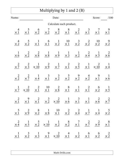 The Multiplying (1 to 10) by 1 and 2 (100 Questions) (B) Math Worksheet