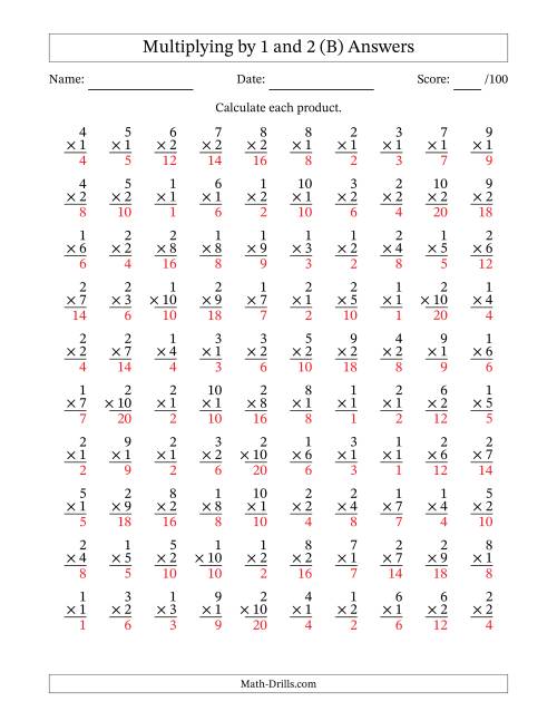 The Multiplying (1 to 10) by 1 and 2 (100 Questions) (B) Math Worksheet Page 2