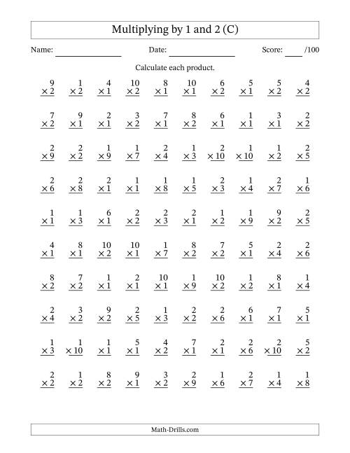 The Multiplying (1 to 10) by 1 and 2 (100 Questions) (C) Math Worksheet