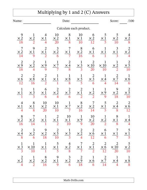 The Multiplying (1 to 10) by 1 and 2 (100 Questions) (C) Math Worksheet Page 2