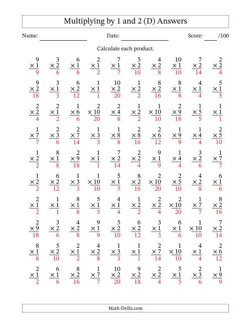 The Multiplying (1 to 10) by 1 and 2 (100 Questions) (D) Math Worksheet Page 2
