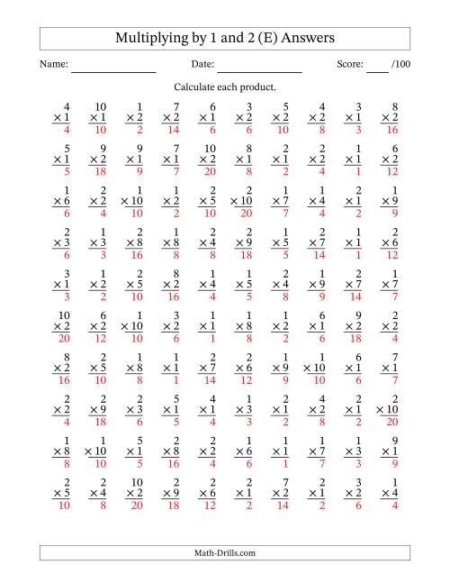 The Multiplying (1 to 10) by 1 and 2 (100 Questions) (E) Math Worksheet Page 2