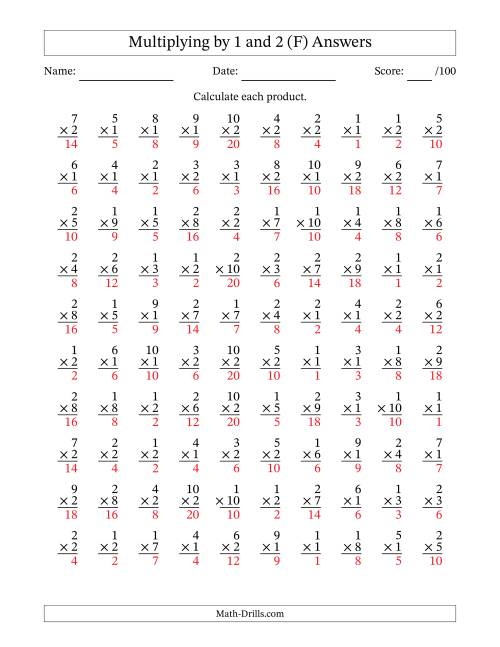 The Multiplying (1 to 10) by 1 and 2 (100 Questions) (F) Math Worksheet Page 2
