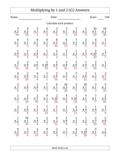 The Multiplying (1 to 10) by 1 and 2 (100 Questions) (G) Math Worksheet Page 2