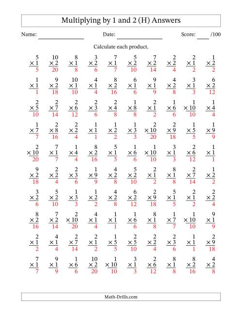 The Multiplying (1 to 10) by 1 and 2 (100 Questions) (H) Math Worksheet Page 2