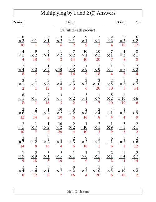 The Multiplying (1 to 10) by 1 and 2 (100 Questions) (I) Math Worksheet Page 2