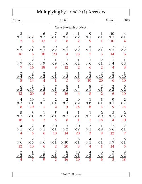 The Multiplying (1 to 10) by 1 and 2 (100 Questions) (J) Math Worksheet Page 2