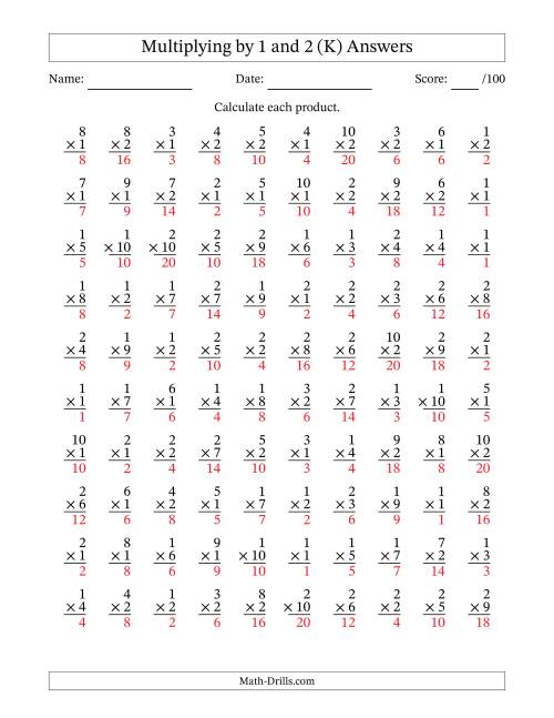 The Multiplying (1 to 10) by 1 and 2 (100 Questions) (K) Math Worksheet Page 2