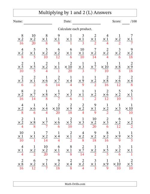 The Multiplying (1 to 10) by 1 and 2 (100 Questions) (L) Math Worksheet Page 2