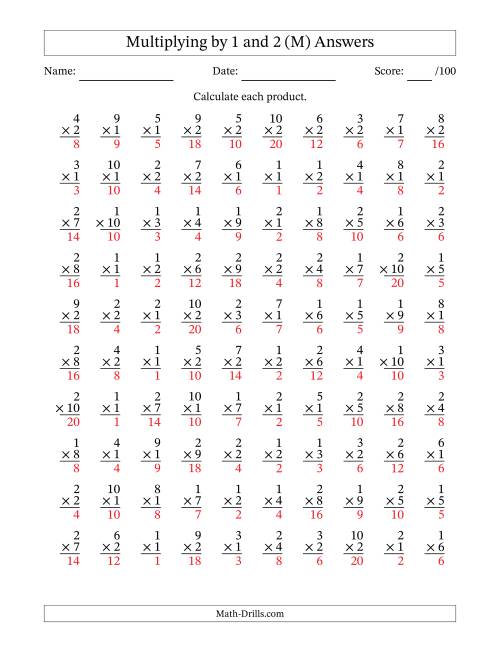 The Multiplying (1 to 10) by 1 and 2 (100 Questions) (M) Math Worksheet Page 2