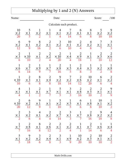 The Multiplying (1 to 10) by 1 and 2 (100 Questions) (N) Math Worksheet Page 2