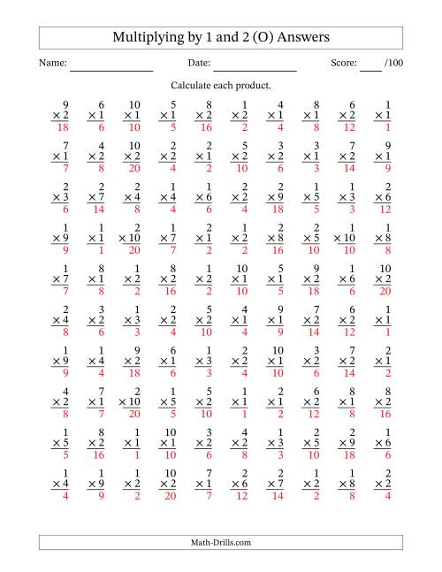 The Multiplying (1 to 10) by 1 and 2 (100 Questions) (O) Math Worksheet Page 2