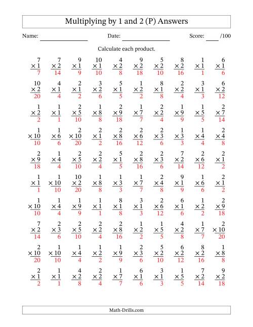 The Multiplying (1 to 10) by 1 and 2 (100 Questions) (P) Math Worksheet Page 2