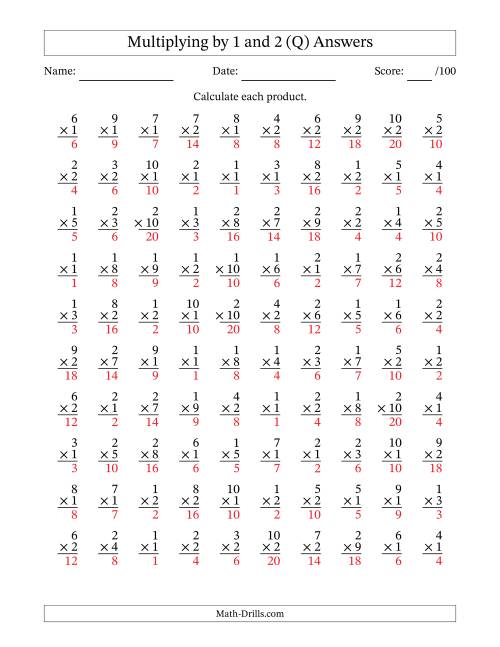 The Multiplying (1 to 10) by 1 and 2 (100 Questions) (Q) Math Worksheet Page 2