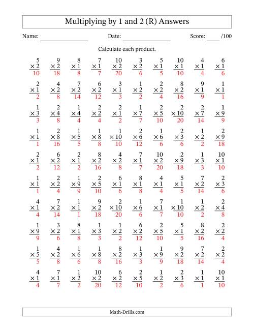 The Multiplying (1 to 10) by 1 and 2 (100 Questions) (R) Math Worksheet Page 2